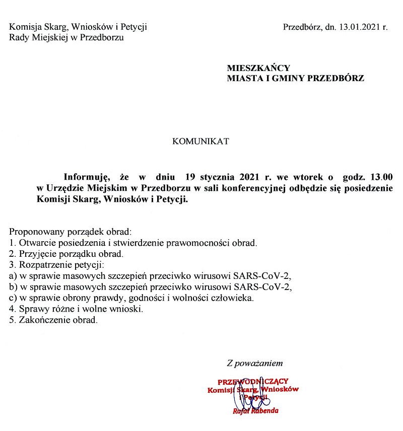 Zawiadomienie o posiedzeniu Komisji Skarg, Wniosków i Petycji