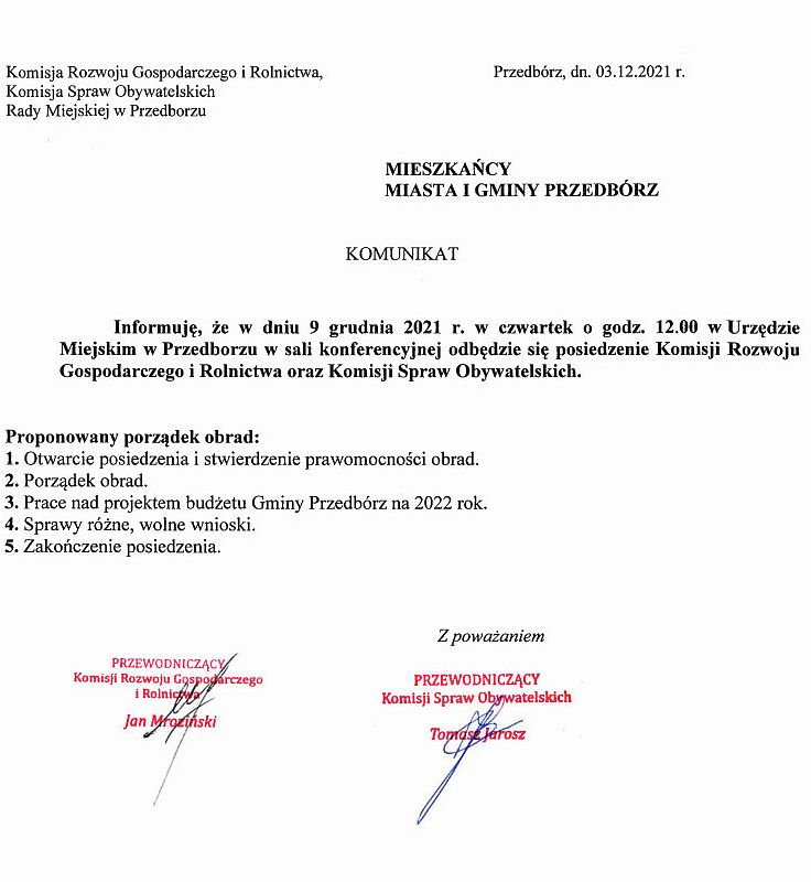 Zawiadomienie o posiedzeniu Komisji Rozwoju Gospodarczego i Rolnictwa oraz Komisji Spraw Obywatelskich podpidsany przez przewodniczącego Rady MIejskiej w Przedborzu